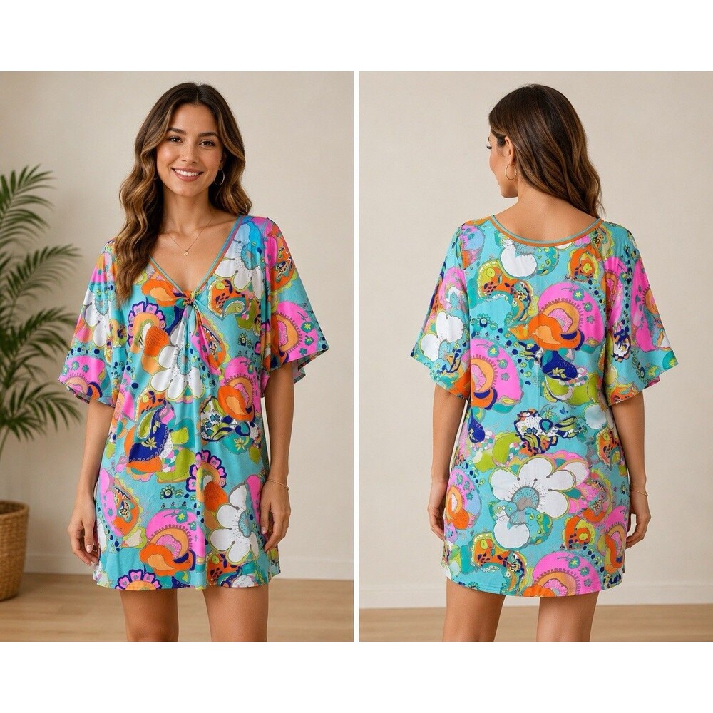 (W3) TRINA TURK Floral Print Swimsuit, Dolman Style with V-Neck,Size M
